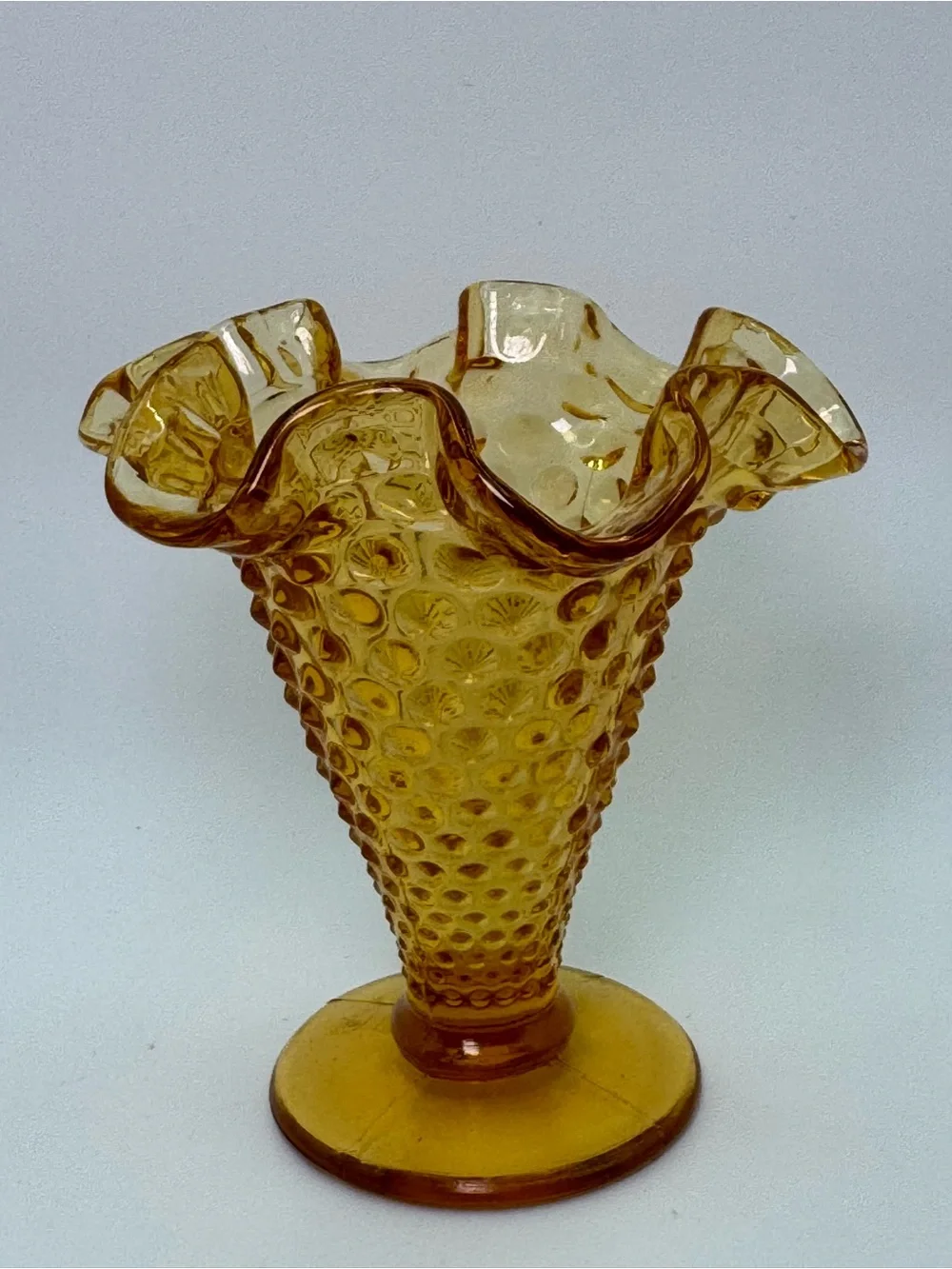 Vintage Fenton Amber Hobnail Mini Ruffled Vase Crimped Rim USA